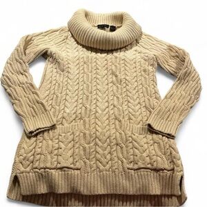 Cozy Cable Knit Turtleneck Sweater Pullover Longsleeve Three Toned Pockets